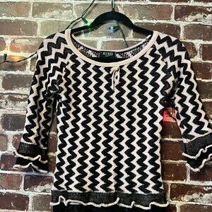Alex(e) Paris Pink & Black Zig-Zag Knit Top with Ruffle Detail